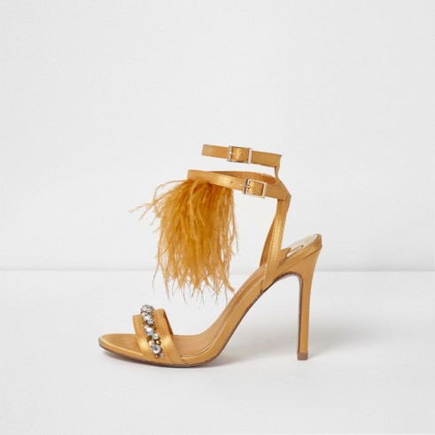 River Island Yellow satin feather gem heeled sandals – strappy high heels – party shoes
