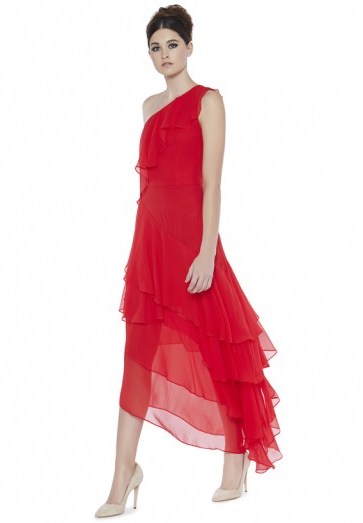 Alice + Olivia ALANIS RUFFLE GOWN ~ red silk one shoulder gowns - flipped
