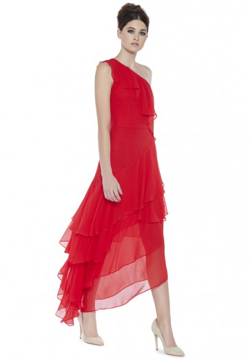 Alice + Olivia ALANIS RUFFLE GOWN ~ red silk one shoulder gowns