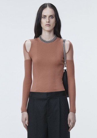 ALEXANDER WANG SHEER SHOULDER PULLOVER in BRICK RED | cut out jumpers - flipped
