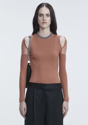 ALEXANDER WANG SHEER SHOULDER PULLOVER in BRICK RED | cut out jumpers