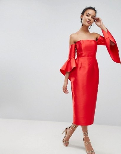 ASOS Bandeau Fluted Sleeve Midi Dress in hot red - flipped