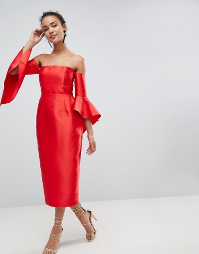 ASOS Bandeau Fluted Sleeve Midi Dress in hot red