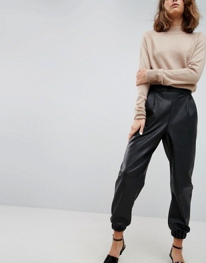 ASOS Low Rise Track Pant in Soft Leather Look | cuffed black pants - flipped