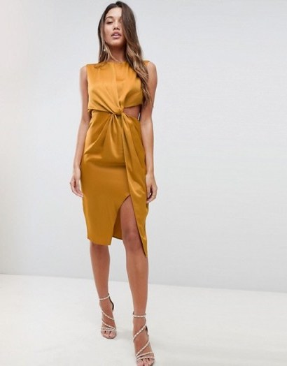 ASOS Twist Front Sexy Satin Pencil Dress with Cut Out / silky gold party dresses - flipped