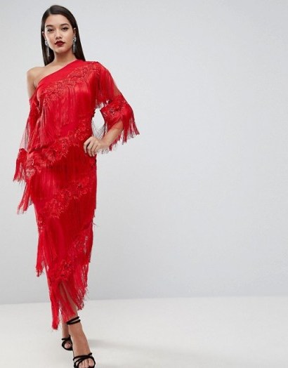 ASOS EDITION Embroidered One Shoulder Fringe Midi Dress – red statement party dresses - flipped
