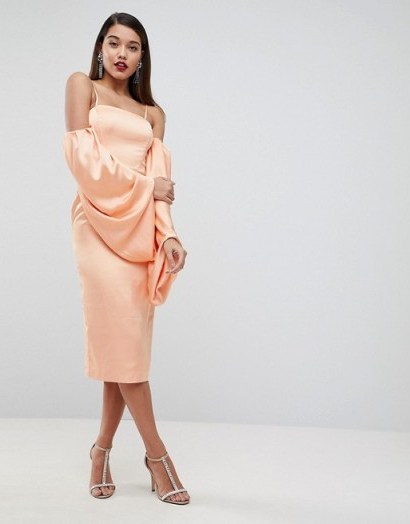 ASOS EDITION Extreme Blouson Sleeve Midi Dress in Satin in Apricot - flipped