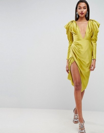 ASOS EDITION Pintucked Power Shoulder Midi Dress in Chartreuse - flipped
