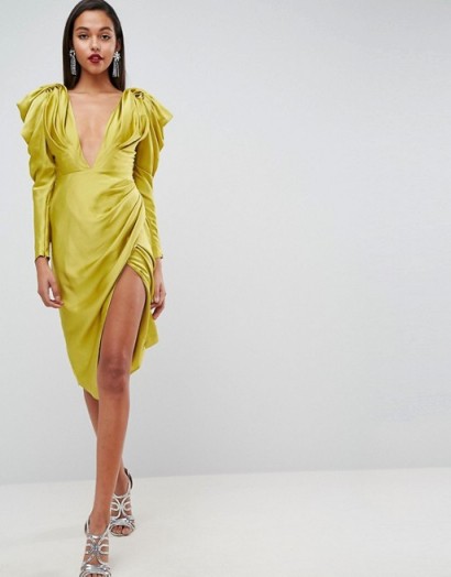 ASOS EDITION Pintucked Power Shoulder Midi Dress in Chartreuse