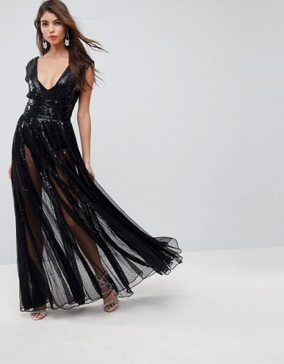 ASOS EDITION Sequin Mesh Fit and Flare Maxi Dress – sheer evening dresses – black plunging party wear - flipped