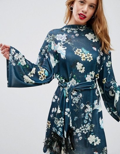 ASOS PETITE Kimono Sleeve Bird Print Dress with Self Fringe Belt | oriental prints | belted dresses - flipped