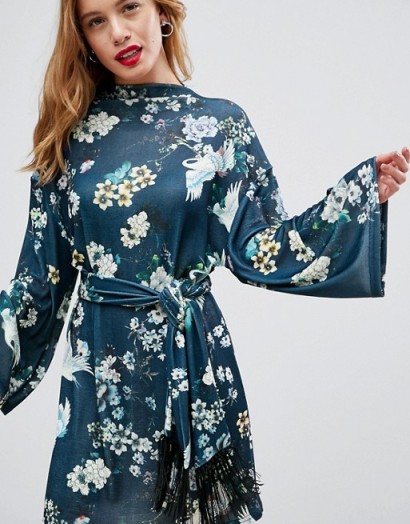 ASOS PETITE Kimono Sleeve Bird Print Dress with Self Fringe Belt | oriental prints | belted dresses