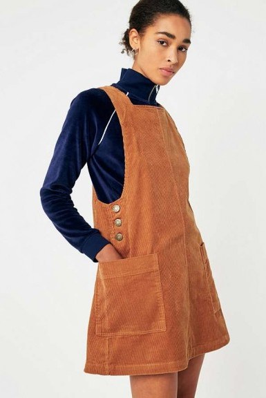 BDG Easy Light Brown Corduroy Pinafore Dress – cord pinafores - flipped