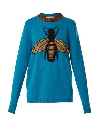 GUCCI Bee-jacquard wool sweater ~ luxe blue jumpers ~ metallic bees - flipped