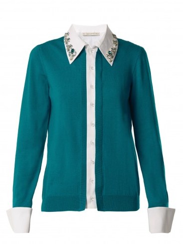 MARY KATRANTZOU Bextor crystal-embellished wool cardigan ~ layered shirt cardigans ~ teal-green knitwear - flipped