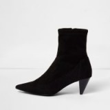 River Island Black faux suede cone sock heel boots – angled heeled ankle boot