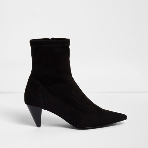 River Island Black faux suede cone sock heel boots – angled heeled ankle boot - flipped