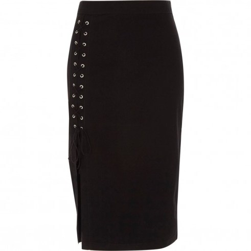 River Island Black lace-up split denim midi skirt | pencil skirts - flipped