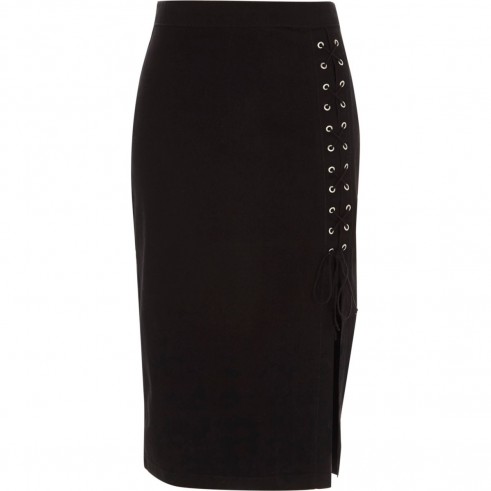 River Island Black lace-up split denim midi skirt | pencil skirts