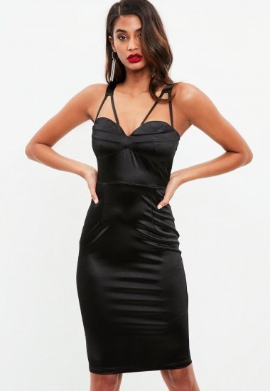 MISSGUIDED black satin strap detail midi dress – going out style - flipped