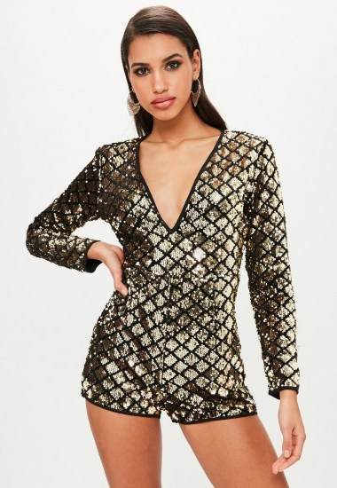 MISSGUIDED black sequin long sleeved playsuit ~ shiny playsuits ~ party style - flipped
