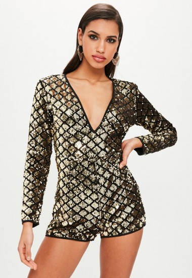 MISSGUIDED black sequin long sleeved playsuit ~ shiny playsuits ~ party style