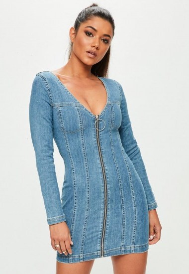 Missguided blue fitted zip through long sleeved denim dress | plunging neckline dresses - flipped