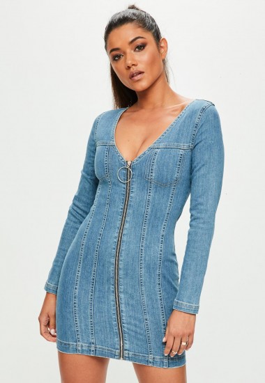 Missguided blue fitted zip through long sleeved denim dress | plunging neckline dresses