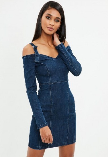 Missguided blue strappy bardot denim mini dress | cold shoulder dresses - flipped