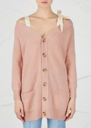 RED VALENTINO Blush off-the-shoulder wool cardigan ~ luxe pale pink cardigans ~ bardot knitwear - flipped