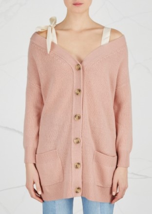 RED VALENTINO Blush off-the-shoulder wool cardigan ~ luxe pale pink cardigans ~ bardot knitwear