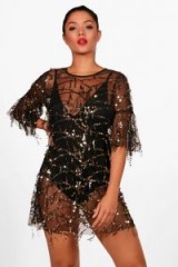 boohoo Boutique Beth Sequin Sheer Mesh Shift Dress ~ black see-through party dresses
