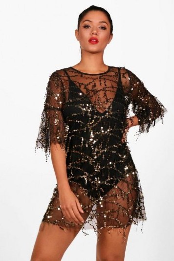boohoo Boutique Beth Sequin Sheer Mesh Shift Dress ~ black see-through party dresses - flipped