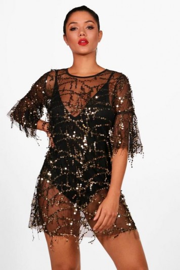 boohoo Boutique Beth Sequin Sheer Mesh Shift Dress ~ black see-through party dresses