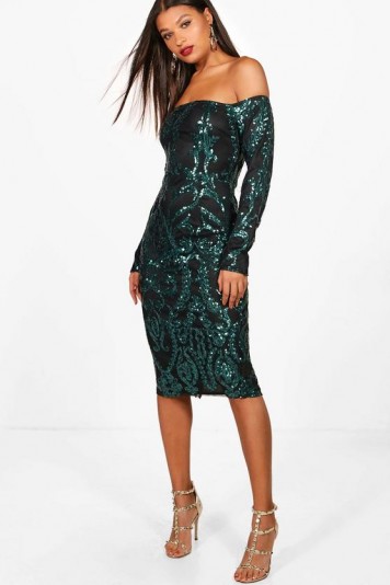 boohoo Boutique Kiki Sequin Off the Shoulder Dress – shiny emerald green bardot dresses – party style