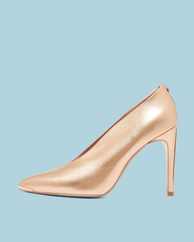 TED BAKER BEXZ Bow heel high vamp courts in Rose Gold | metallic party heels - flipped