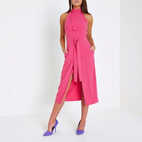 River Island Bright pink tie neck sleeveless midi dress – front slit dresses - flipped