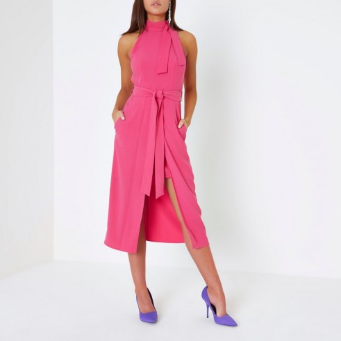 River Island Bright pink tie neck sleeveless midi dress – front slit dresses
