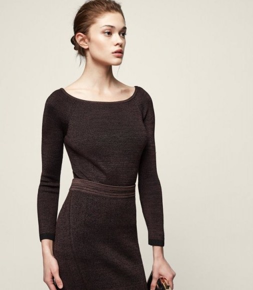 REISS BROOKE RIBBED KNITTED TOP CHOCOLATE | brown round neck knit - flipped