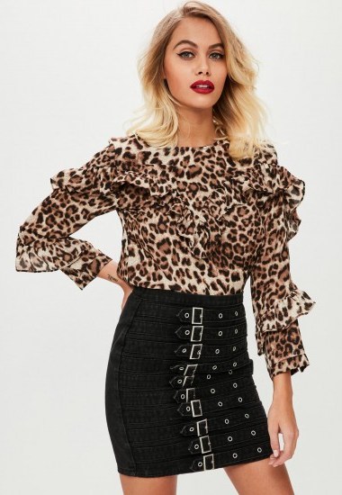 missguided brown leopard print frill blouse – ruffled blouses – glamorous animal prints - flipped