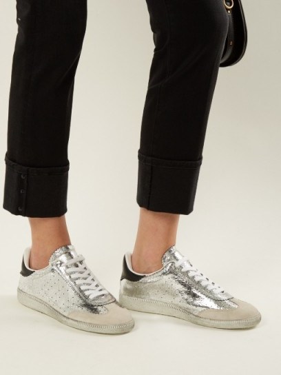 ISABEL MARANT Bryce low-top cracked-leather trainers ~ silver luxe sneakers - flipped