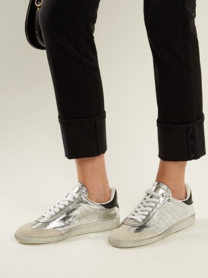ISABEL MARANT Bryce low-top cracked-leather trainers ~ silver luxe sneakers