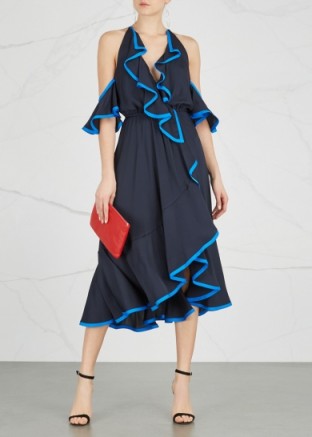 MILLY Bryce ruffle-trimmed midi dress – blue ruffled occasion dresses