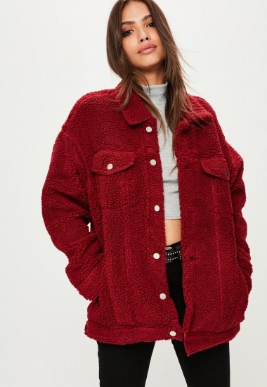 MISSGUIDED burgundy oversized borg trucker jacket ~ dark red jackets ~ weekend style - flipped