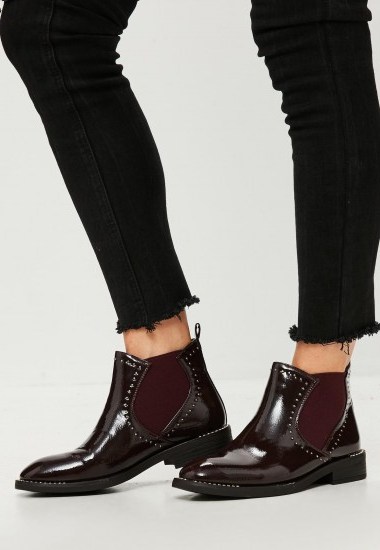 MISSGUIDED burgundy patent studded chelsea boots - flipped