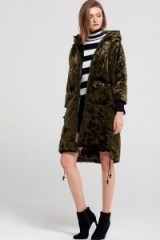 STORETS Ciara Ring Pocket Velvet Padded Coat | olive green hooded coats