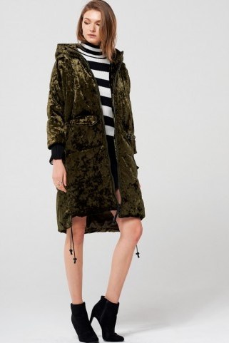 STORETS Ciara Ring Pocket Velvet Padded Coat | olive green hooded coats - flipped