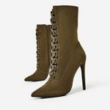 EGO Cleo Pointed Toe Lace Up Ankle Boot In Khaki Faux Suede – stiletto heel boots