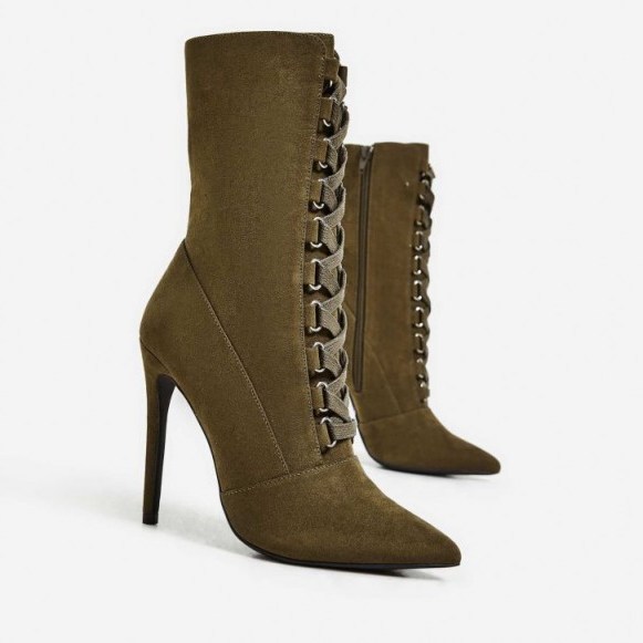 EGO Cleo Pointed Toe Lace Up Ankle Boot In Khaki Faux Suede – stiletto heel boots - flipped