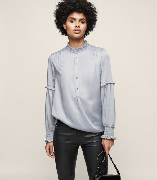 REISS COMO RUFFLE-DETAIL BLOUSE NORDIC BLUE – frill trimmed blouses - flipped